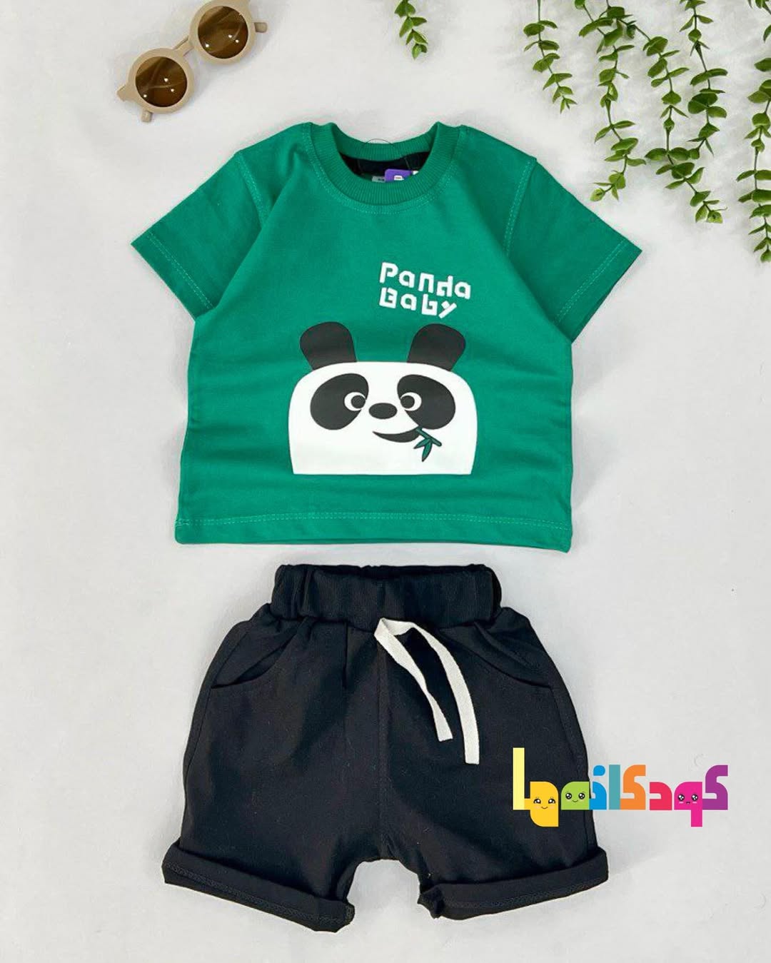بلوز شلوارک تابستانی پاندا سبز مناسب یک تا پنج سال