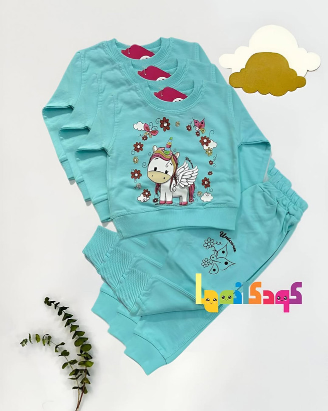 ست دورس دونخ فول پنبه بچگانه رنگ سبز ملایم طرح تک شاخ