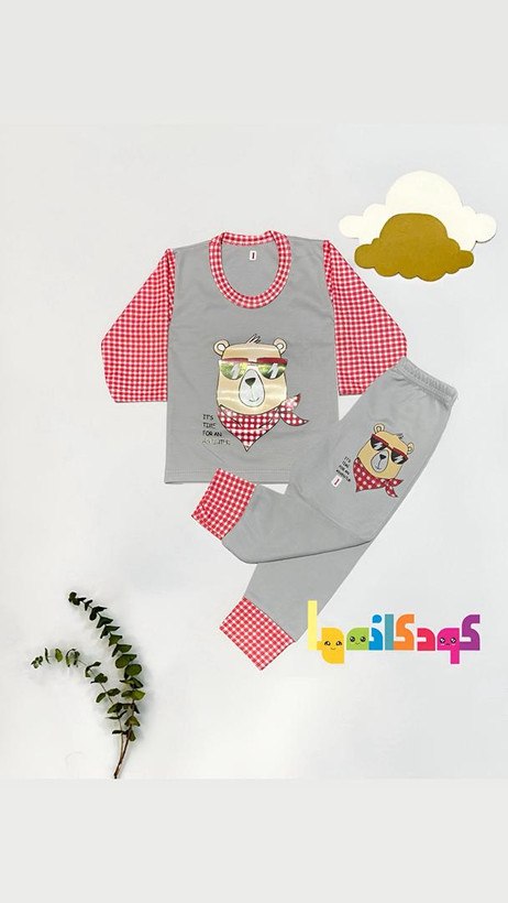 خرید اقتصادی ست ۲ تکه نخی نوزادی تا ۹ ماه طرح چهارخانه قرمز و طوسی