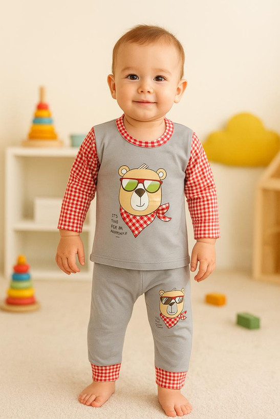 ست بلوز و شلوار نوزادی طوسی قرمز طرح خرس عینکی - فروشگاه کودکانه ها