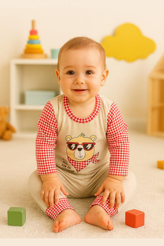 مدل نوزاد با ست بلوز شلوار اقتصادی طوسی و آستین چهارخانه قرمز طرح خرس فروشگاه کودکانه ها