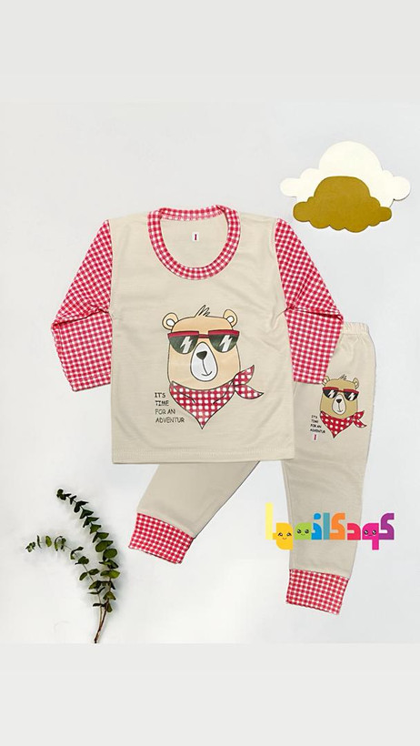 مای کامل ست ۲ تکه نوزادی نخی طوسی طرح خرس عینکی - فروشگاه کودکانه ها