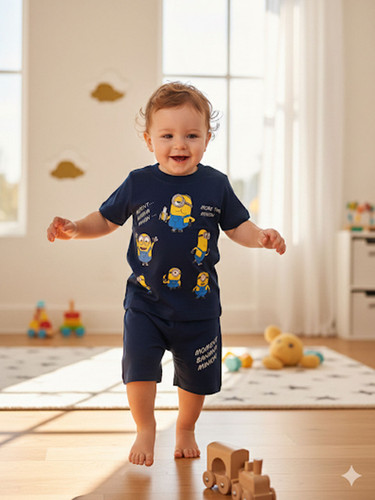 بلوز شلوارک بچگانه سورمهای طرح مینیون پنبهای شلوارک جیبدار