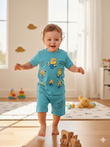 بلوز شلوارک بچگانه آبی طرح مینیون پنبهای شلوارک جیبدار