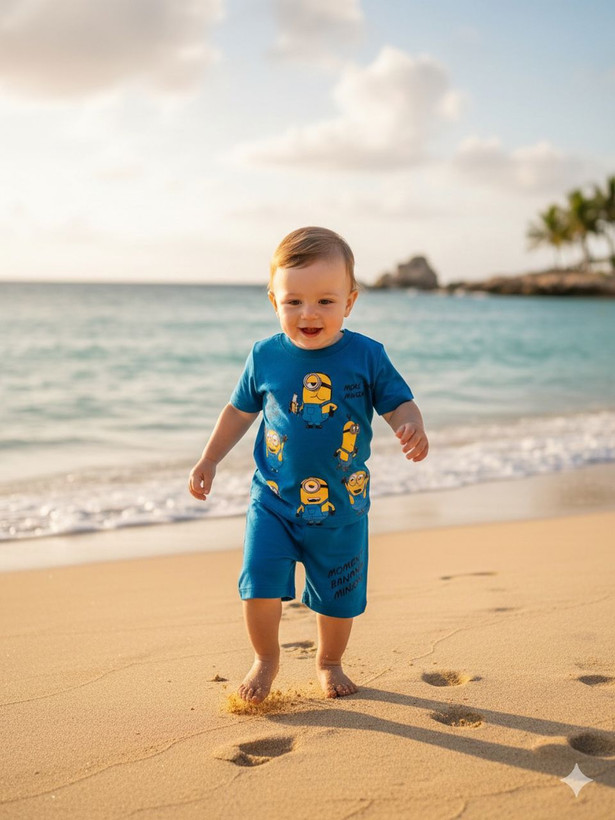 بلوز شلوارک بچگانه آبی طرح مینیون پنبهای شلوارک جیبدار