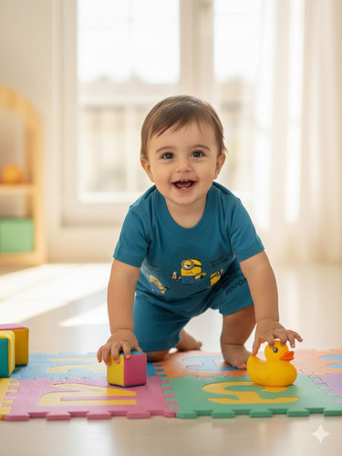 بلوز شلوارک بچگانه آبی طرح مینیون پنبهای شلوارک جیبدار