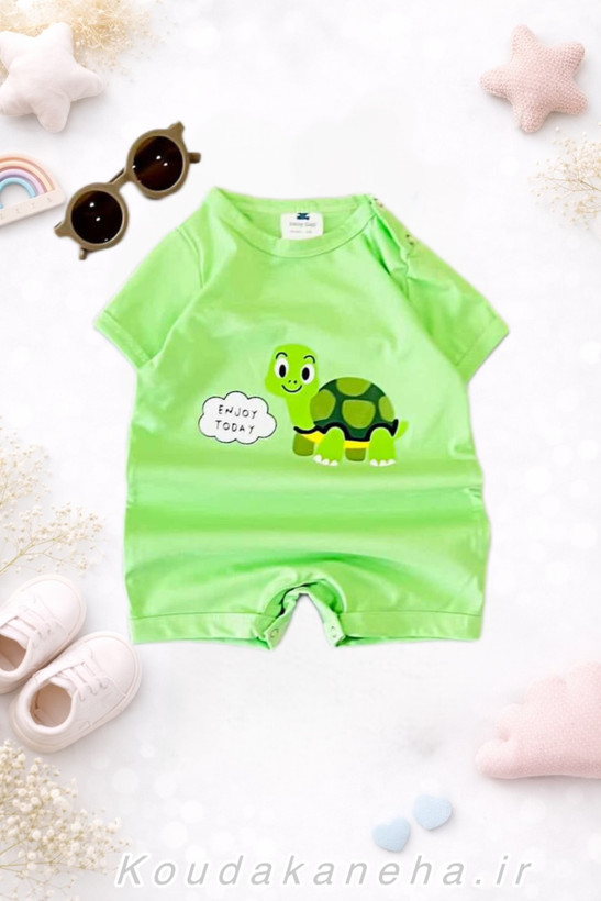 رامپر سبز بیبی گپ نخی پنبه یک رو مناسب 6 تا 36 ماه با طرح لاکپشت کارتونی