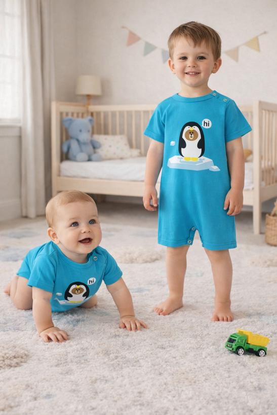 رامپر بیبی گپ آبی طرح پنگوئن پنبه ضد حساسیت مناسب 6 تا 36 ماه