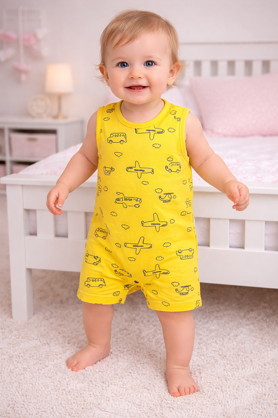 رامپر رکابی زرد بیبی گپ طرح ماشین و هواپیما پنبه ضد حساسیت مناسب 6 تا 36 ماه