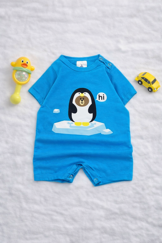 رامپر بیبی گپ آبی طرح پنگوئن پنبه ضد حساسیت مناسب 6 تا 36 ماه