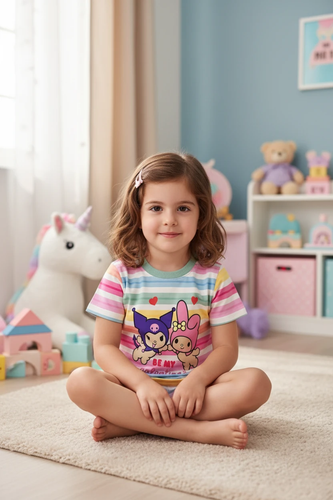 تیشرت دخترانه رنگینکمانی طرح ملودی و کرومی سایز 50 و 55 فروشگاه کودکانه ها