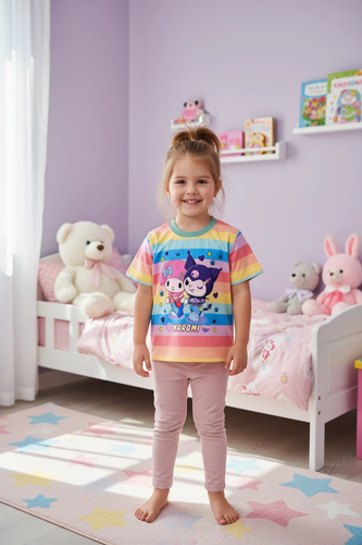 تیشرت دخترانه رنگینکمانی طرح کورومی و مای ملودی برند Anl Kids سایز 40 و 45 در فروشگاه کودکانه ها