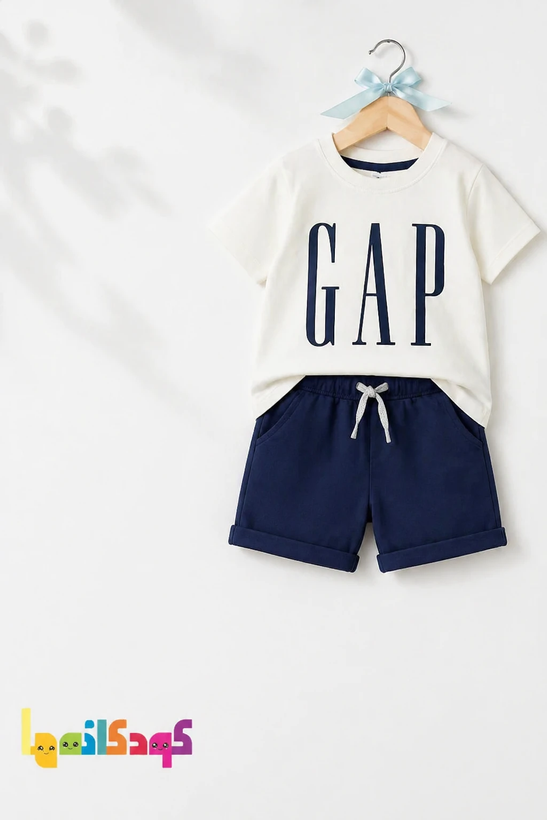 ست تیشرت و شلوارک پسرانه بیبیگپ سفید سرمهای با جنس پنبه یکرو کامپکت