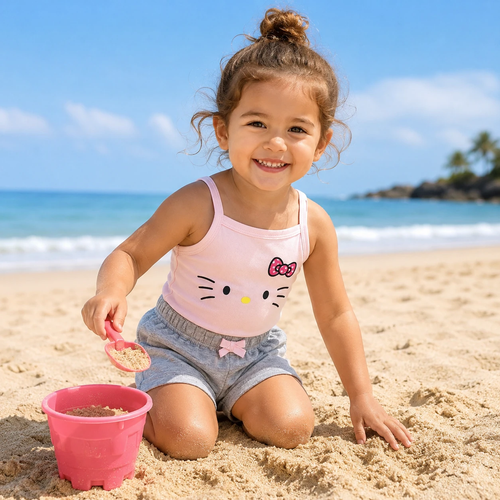 ست لباس تابستانی دخترانه صورتی و طوسی طرح هلو کیتی برند بیبی گپ پنبه یکرو